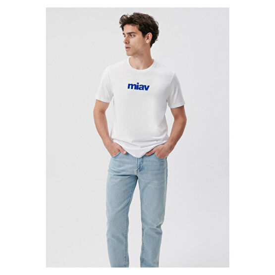 Mavi Miav Baskılı Beyaz Tişört Regular Fit / Normal Kesim XL Beden