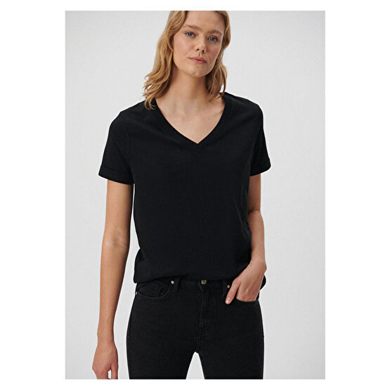 Mavi V Yaka Siyah Basic Tişört Regular Fit / Normal Kesim XL Beden Bayan T-shirt Fiyatı