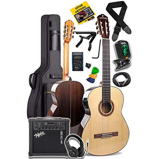 Maxword X50-Eq-Amp Profesyonel Masif Ağaç Amfili Üst Segment Elektro Klasik Gitar Seti Klasik Gitarlar Fiyatı
