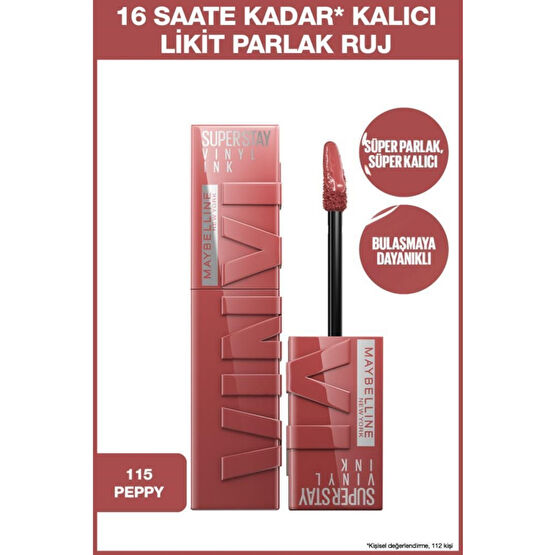 Maybelline New York Super Stay Vinyl Ink Uzun Süre Kalıcı Likit Parlak Ruj 115 Peppy