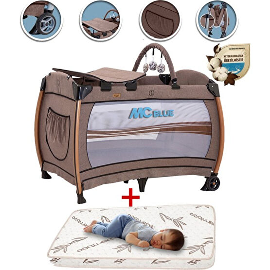 Mc Blue Best Pamuklu Keten Kumaş Park Yatak Oyun Parkı 70X110 cm + Bambu Yatak - Kahverengi Park Yatak / Oyun Parkı Fiyatı