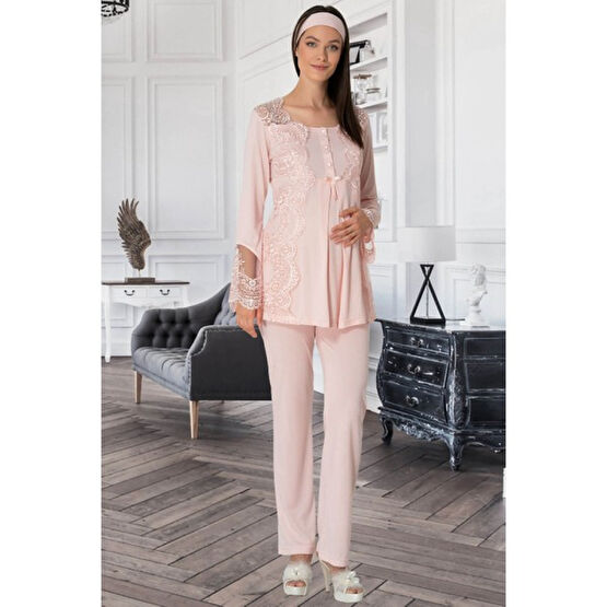 Mecit 5015 Dantelli Pudra Lohusa Pjama Takımı Gecelik & Pijama Fiyatı