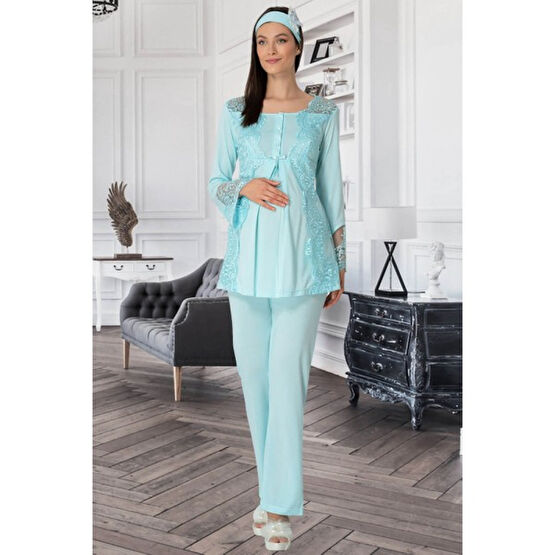 Mecit 5015 Dantelli Turkuaz Lohusa Pjama Takımı Gecelik & Pijama Fiyatı