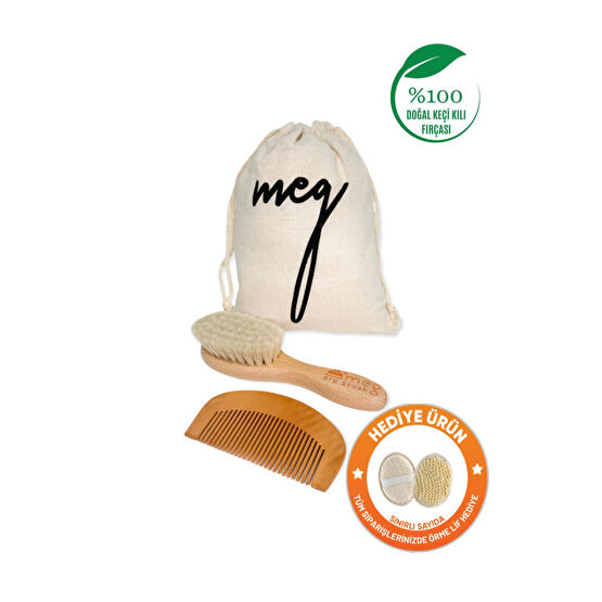 MEG Dry Brush %100 Keçi Kılı Doğal Bebek Saç Fırçası Ve Doğal Ahşap Tarak 2li Set Mini Boy Bebek Saç Fırça-Tarak Fiyatı