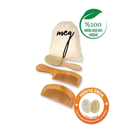 MEG Dry Brush %100 Keçi Kılı Doğal Bebek Saç Fırçası Ve Doğal Ahşap Tarak 3lü Set (0+ Ay) Bebek Saç Fırça-Tarak Fiyatı