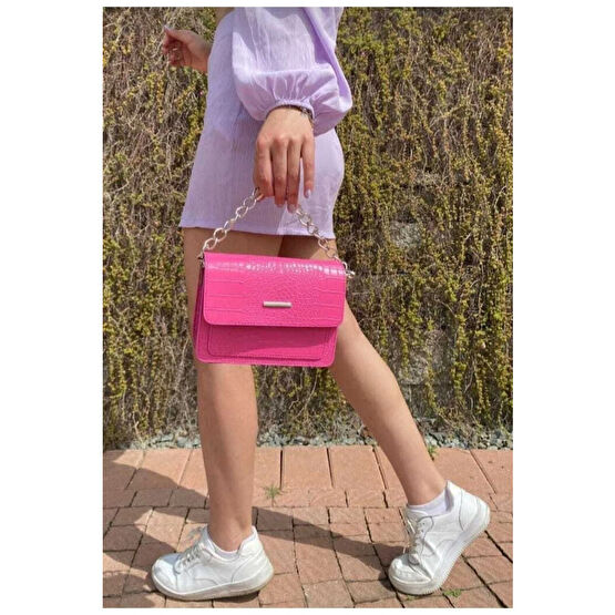 MEİZEN Fuşya Kadın Timsah Desenli Clutch Baget Zincir Askılı Çanta Unisex Çanta & Cüzdan ve Seyahat Çantaları Fiyatı