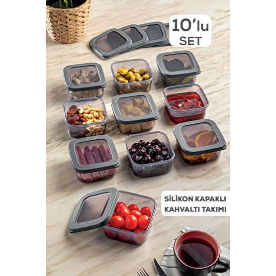 Meleni Home 10lu Set Perla Silikon Kapaklı Kare Kahvaltılık Seti - Antrasit Kahvaltı Saklama Kabı