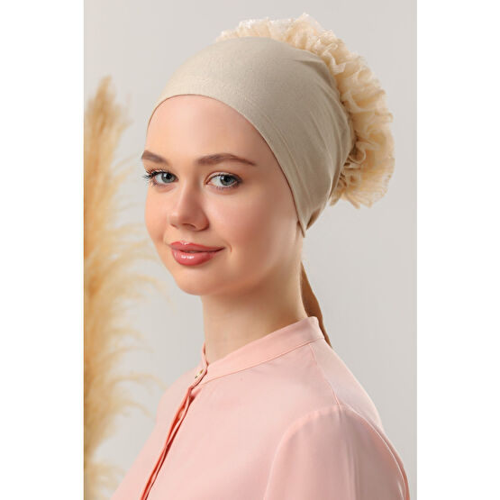 Melodi Scarf Tesettür Fırfırlı Bone Bej Tesettür Giyim Fiyatı