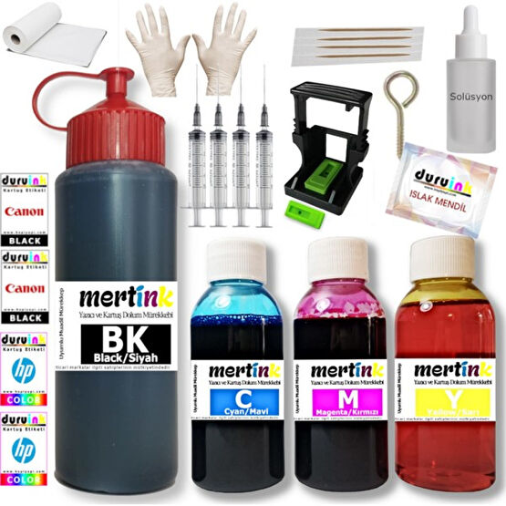 Mertink Canon Pixma E414 PG46 CL56 Yazıcı Uyumlu Kartuş Dolum Seti 500ML SİYAH+3X100ML Renkli Mürekkep Kartuş Dolum Ürünleri Fiyatı