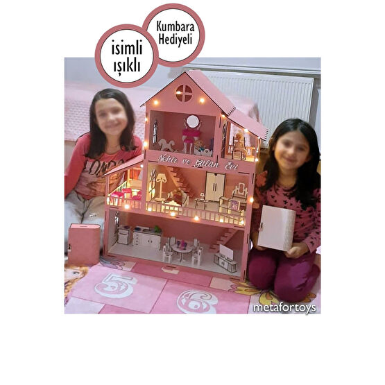 metafortoys 60 Cm Isimli Işıklı Ahşap Oyun Evi (PEMBE) Ahşap Oyuncaklar Fiyatı