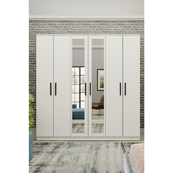 Metalia Gm 081 Favorite 6 Kapılı Aynalı Beyaz Siyah Kulplu Gardırop 180 cm Beden Gardrop & Dolap Fiyatı