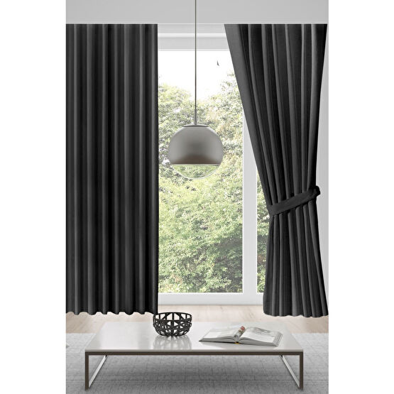 MEVVA HOME Kadife Fon Tek Kanat Perde (1x2 Seyrek Pileli) -koyu Gri 100 x 275 Beden