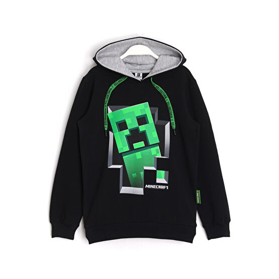 MINECRAFT Creeper Desenli Kapüşonlu Erkek Çocuk Hoodie 5 - 13 Yaş Siyah 5-6 Yaş Beden