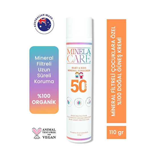 Minela Care 100% Organik Mineral Filtreli Bebek Ve Çocuk Güneş Kremi Spf 50 110 gr PA++++ Bebek Güneş Kremi Fiyatı