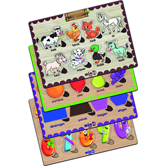 minİQ toys Ahşap Türkçe Ciftlik Hayv.+meyveler-sekiller-sayilar 4’lü Set Eğitici-öğretici Yapboz Puzzle & Aksesuarları Fiyatı