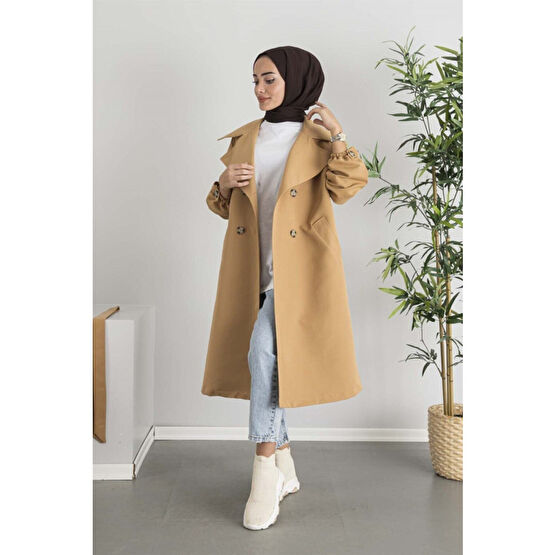 moda ala Kol Kemerli Trençkot Camel STD Beden Tesettür Giyim Fiyatı