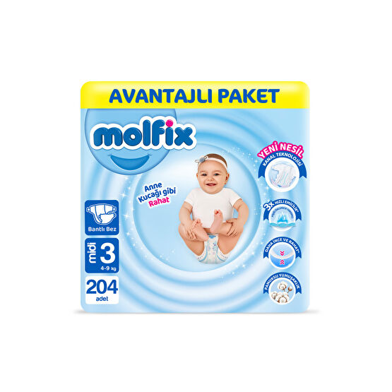 Molfix Bebek Bezi 3 Beden Midi Avantajlı Paket 204 Adet Bebek Bezi Fiyatı