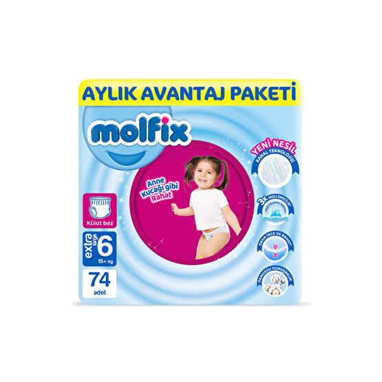 Molfix Pants Bebek Bezi 6 Beden E.large Aylık Avantajpaketi 74 Adet Bebek Bezi Fiyatı