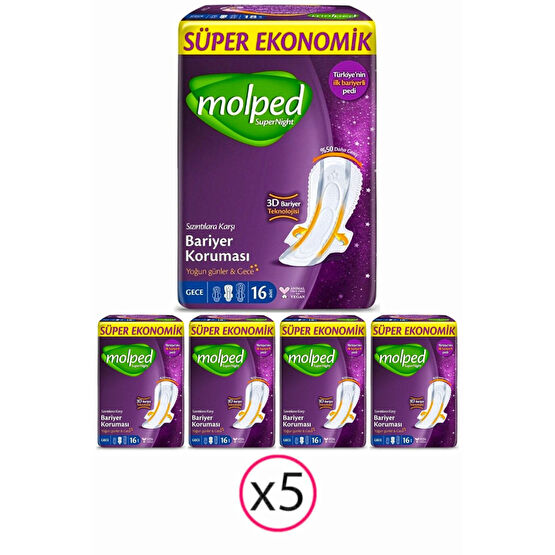 Molped Supernight Gece Hijyenik Ped 16 Lı X 5 Adet Hijyenik Pedler ve Tamponlar Fiyatı