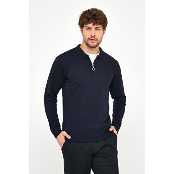 MRS Clothing Erkek Lacivert Standart Fit Dar Kesim Fermuarlı Polo Yaka Yünlü Triko Kazak Erkek Kazak & Süveter & Triko Fiyatı