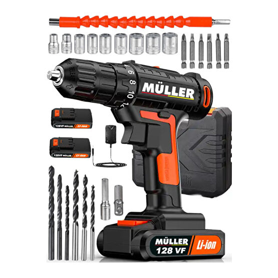 Müller Germany 128 Vf 12 Ah Çift Kartlı Çelik Şanzuman Bakır Sargılı 2 Akülü Şarjlı Matkap Vidalama 27 Pcs Akülü Vidalama Makinesi Fiyatı