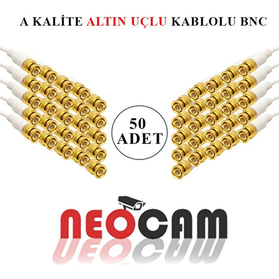 NeoCam 50 Adet Hazır Kablolu  Uyumlu   Bnc Konnektör - Beyaz Güvenlik Kamerası Kablosu Fiyatı