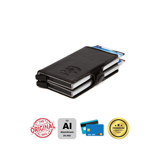 Newish Adelina Orijinal Unisex Siyah Deri Çift Alüminyum Mekanizmalı Kartlık 7x10 Cm Unisex Kartlık Fiyatı