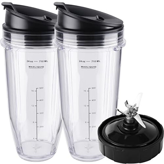 Ninja Blender Cups Replacement Parts 5-Piece Set: 2 x 24oz Cups with Lids & 7-Fins Blade, Fits Nutri Ninja BN401 BN751 BN801 BL450 BL480 BL640 NN100 Yedek Parça ve Aksesuar Fiyatı