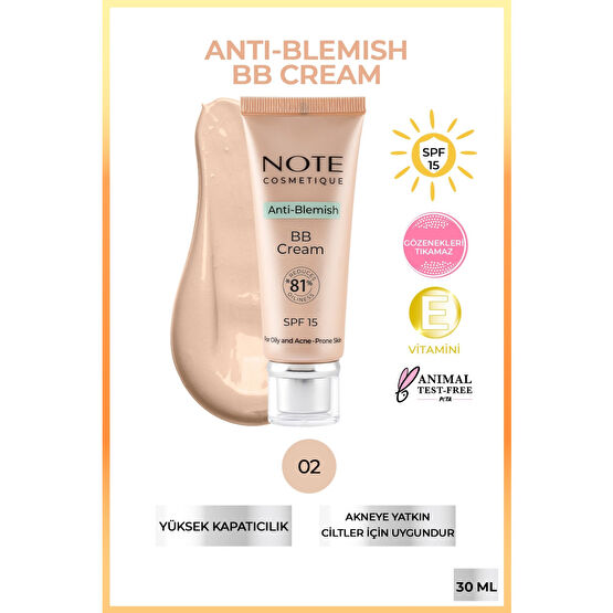 NOTE Anti-Blemish BB Cream 02 Akneye Yatkın Ciltler SPF 15 BB Krem Makyaj Ürünleri Fiyatı