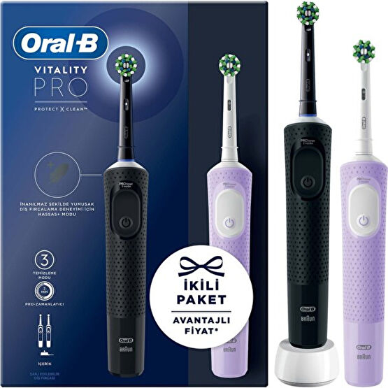 Oral-B Şarjlı/elektrikli Diş Fırçası Vitality Pro 2'li Siyah & lila Avantaj Paketi Şarjlı Diş Fırçası ve Aksesuarları Fiyatı