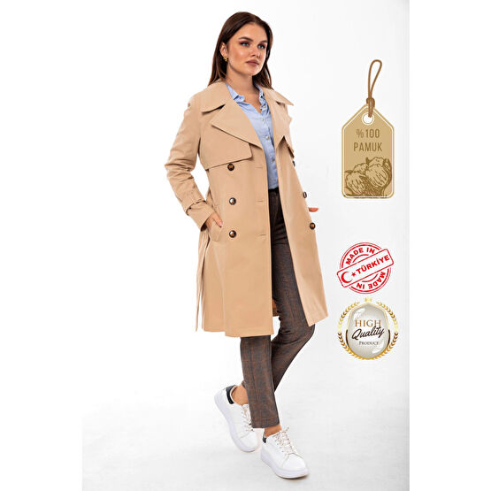 PASTELASTORE %100 Pamuk Gabardin Midi (95CM) Astarlı Kemerli Kadın Trençkot XS Beden