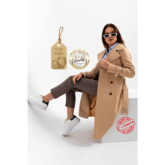 PASTELASTORE %100 Pamuk Gabardin Uzun (110CM) Astarlı Kemerli Kadın Trençkot S Beden Kadın Trençkot Fiyatı