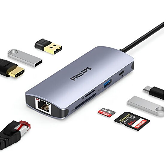 Philips Swr1608S Type-C To Hdmi Rj45 Ethernet 3xUSB 3.0 PD TF SD Kart Okuyucu Dönüştürücü USB & Firewire Ürünleri Fiyatı