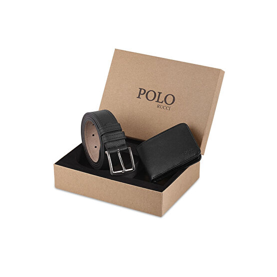 POLO Rucci Kutulu Erkek Siyah Kemer Cüzdan Seti Standart Beden