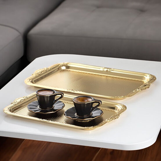 Porsima 3331 Paslanmaz Çelik Tepsi - Çay Kahve Ikram Sunum Servis Tepsi Seti- 2'li Dikdörtgen - Gold Servis Tepsisi Fiyatı