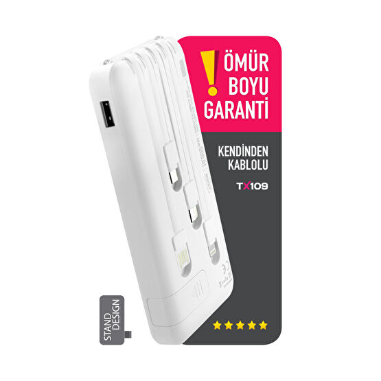 POWERWAY 10.000 Mah Kablolu Dijital Göstergeli 10.000 Mah Garantili Dahili Stand  Beyaz Powerbank Taşınabilir Şarj Cihazı - Powerbank Fiyatı