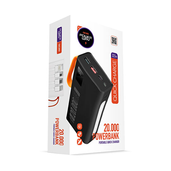 POWERWAY 20.000 Mah Pd 22.5w Kablolu 3.0 Hızlı Şarj Gerçek 20.000 Mah Garantili Işıklı Qc20 Siyah Powerbank Taşınabilir Şarj Cihazı - Powerbank Fiyatı