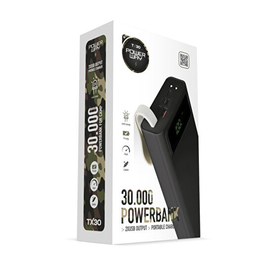 POWERWAY 30.000 Mah Dijital Göstergeli Gerçek 30.000 Mah Garantili Işıklı Type-c Girişli Tx30 Siyah Powerbank