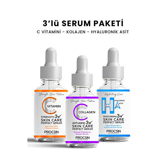 PROCSIN Üçlü Serum Paketi (C VİTAMİNİ - KOLAJEN - HYALURONİK ASİT SERUMU)