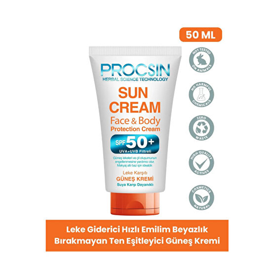 PROCSIN Yüksek Uv Korumalı Koyu Leke Önleyici Spf 50 Güneş Kremi 50 ml