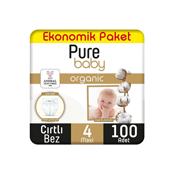 Pure Baby Organik Pamuklu Cırtlı Bez Ekonomik Paket 4 Numara Maxi 100 Adet