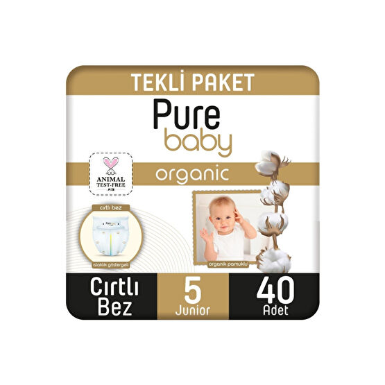 Pure Baby Organik Pamuklu Cırtlı Bez Tekli Paket 5 Numara Junior 40 Adet