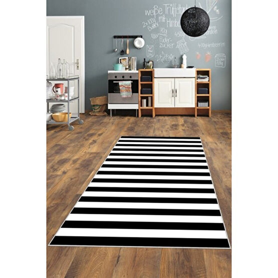 Qatalina Siyah Beyaz Çizgili Yıkanabilir Kaymaz Taban Leke Tutmaz Modern Salon Halısı ve YOLLUK,AYHMOD18 - 40 x 40 cm - Siyah - Beyaz Salon Halısı Fiyatı