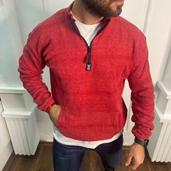 Roxbros Erkek Kanguru Cepli Yarım Fermuarlı Sweatshirt Kırmızı Erkek Sweatshirt Fiyatı