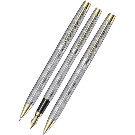 Scrikss 722w 3'lü Balıksırtı Desenli Gold-krom Dolma Kalem & Tükenmez Kalem & Versatil Kalem Seti