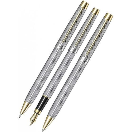 Scrikss 722w 3'lü Balıksırtı Desenli Gold-krom Dolma Kalem & Tükenmez Kalem & Versatil Kalem Seti