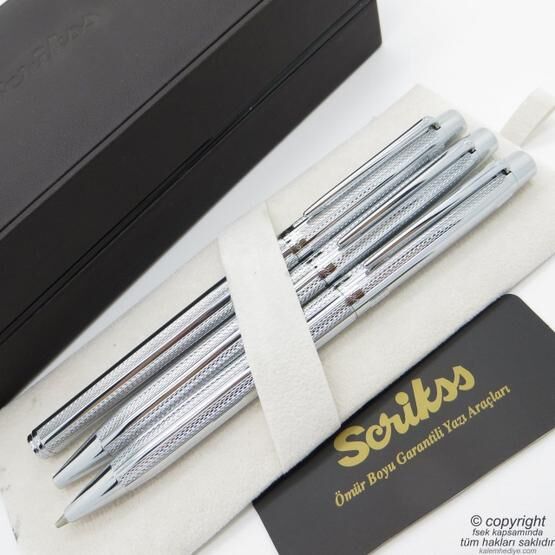 Scrikss 722w 3'lü Balıksırtı Desenli Gold-krom Dolma Kalem & Tükenmez Kalem & Versatil Kalem Seti