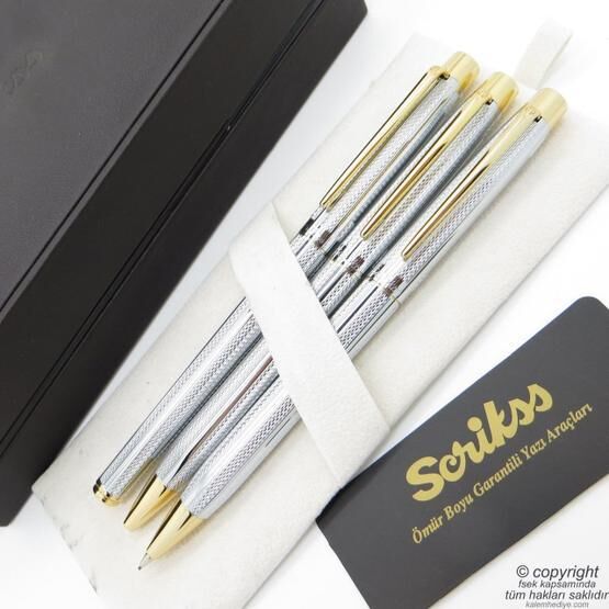 Scrikss 722w 3'lü Balıksırtı Desenli Gold-krom Dolma Kalem & Tükenmez Kalem & Versatil Kalem Seti