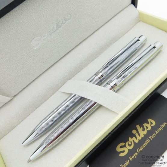 Scrikss 722w 3'lü Balıksırtı Desenli Gold-krom Dolma Kalem & Tükenmez Kalem & Versatil Kalem Seti