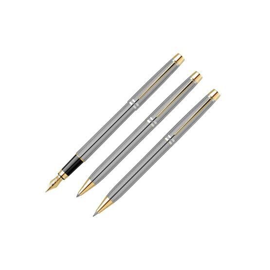 Scrikss 722w 3'lü Balıksırtı Desenli Gold-krom Dolma Kalem & Tükenmez Kalem & Versatil Kalem Seti